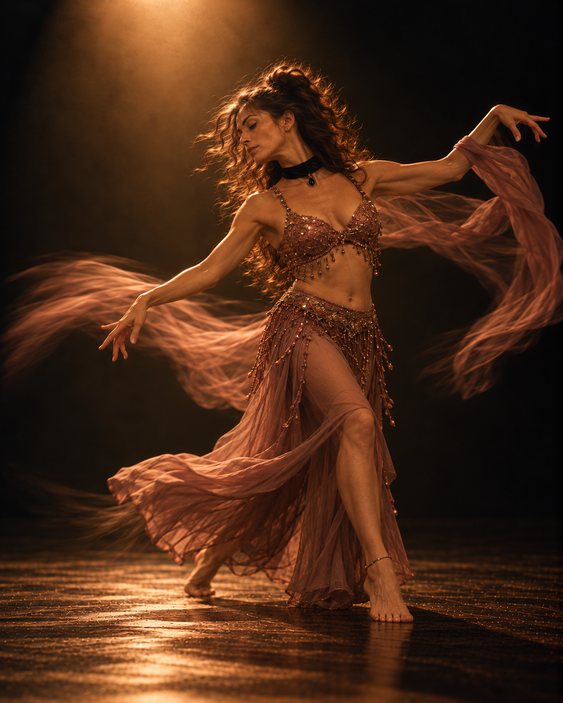 Bailarina con brazos de serpiente bajo una luz ámbar
